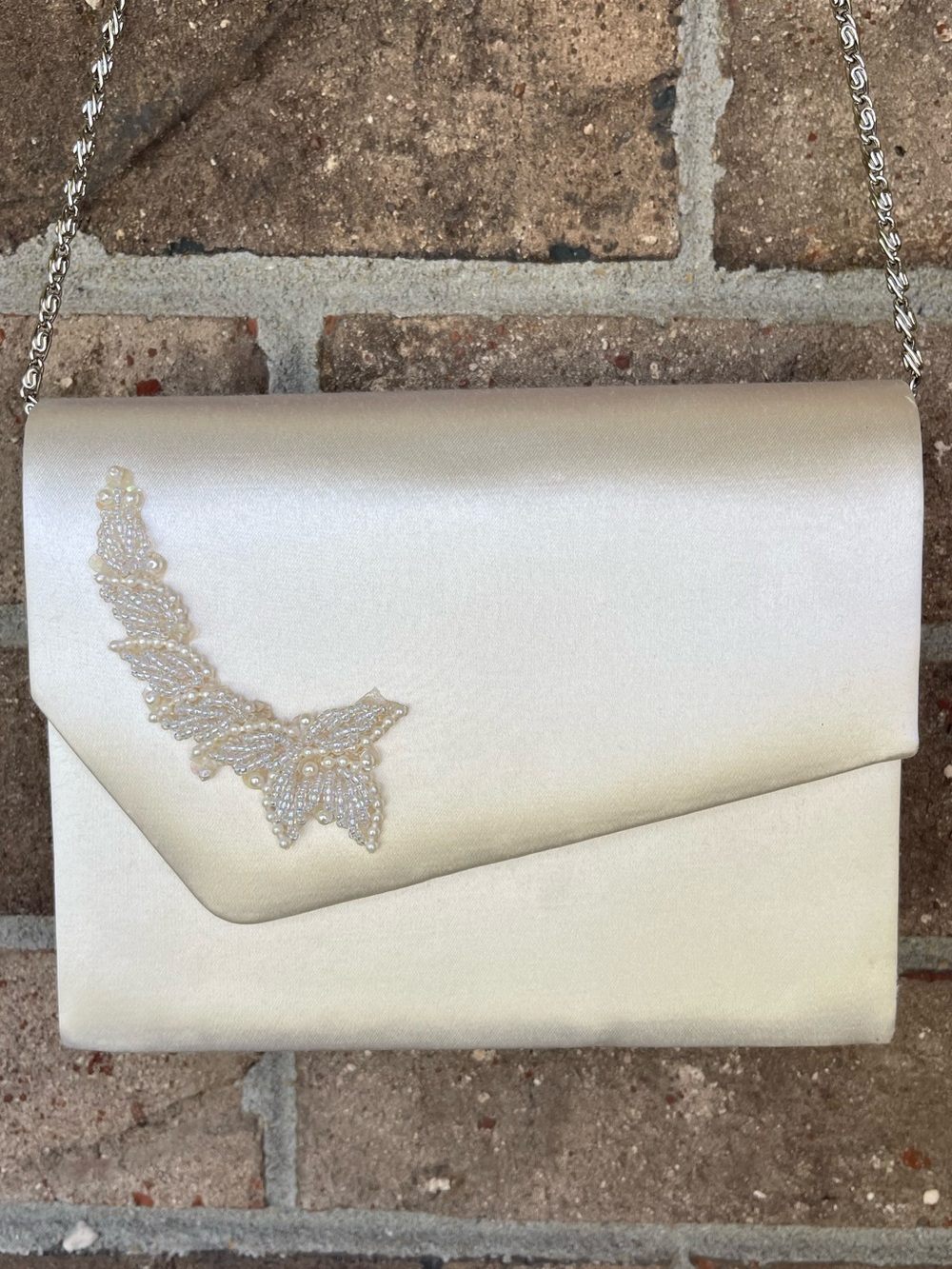 Dyeables Ivory Satin Beaded Bridal Evening Bag Chain Strap Purse
